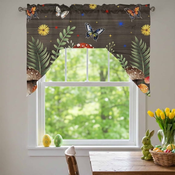 Spring Mushroom Swag Valances for Kitchen Window, Daisy Butterfly Leaf Walnut Wood Small Swag Valances Rod Pocket Curtain Drapes Window Treatment for Bedroom Bathroom, 56x36 Inch