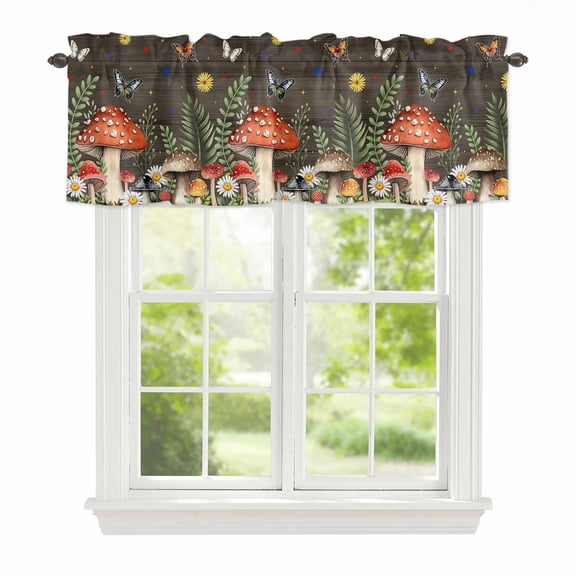 Spring Mushroom Window Valance for Kitchen, Daisy Butterfly Leaf Walnut Wood Rod Pocket Short Curtain for Small Windows, Light Filtering Decorative Valance, 42 x 18 Inch
