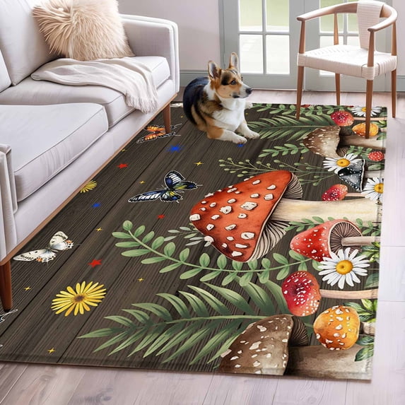 Spring Mushrooms Area Rugs 3'x5', Washable Small Throw Rugs for Living Room Bedroom, Farmhouse Pastoral Botanical Brown Wood Indoor Outdoor Rug Non-Slip Low Pile Carpet Runner Reversible Floor Mats