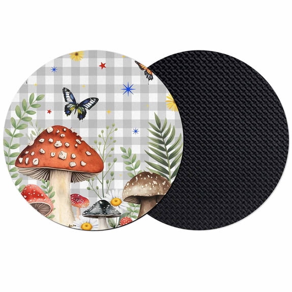 Spring Mushrooms Coasters Set of 2, Absorbent Coasters for Drinks, Farmhouse Pastoral Botanical Gray Plaid Coaster for Desk Coffee Table Protection, Home Decor House Warming Gifts 4"