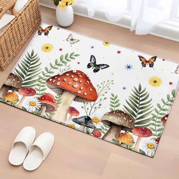 Spring Mushrooms Entryway Rug 2'x3' Non Slip Front Door Mats, Farmhouse Pastoral Botanical Watercolor Entrance Rugs Indoor Outdoor Carpet, Washable Floor Mats Small Area Rug for Bedroom Kitchen