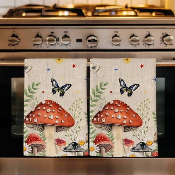 Spring Mushrooms Kitchen Towels Set of 4, Farmhouse Pastoral Botanical Rustic Absorbent Dish Towels for Kitchen, Microfiber Hand Towel, Quick Drying Tea Towel for Cleaning Decorative Dishcloths