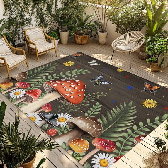 Spring Mushrooms Outdoor Rug for Patio/Deck/Porch, Non-Slip Large Area Rug 3 x 5 Ft, Farmhouse Pastoral Botanical Brown Wood Indoor Outdoor Rugs Washable Area Rugs, Camping Rug Carpet Runner
