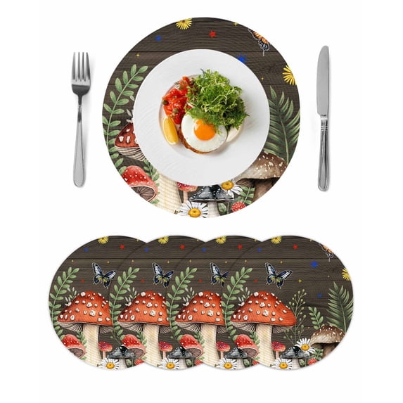 Spring Mushrooms Round 13 Inch Placemats Set of 4, Farmhouse Pastoral Botanical Brown Wood HeatResistant Non Slip Place Mats for Dining Table, Wipeable Braided Kitchen Table Mats for Housewarming