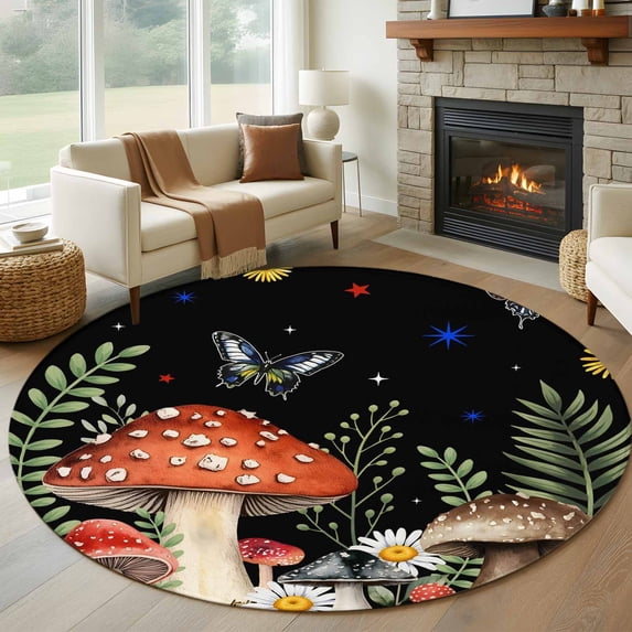 Spring Mushrooms Round Area Rug 6Ft Washable Circle Rugs for Bathroom Office, Farmhouse Pastoral Botanical Stars Rustic Non-Slip Carpet Floor Mats Indoor Outdoor Carpet Runner Aesthetic Home Decor