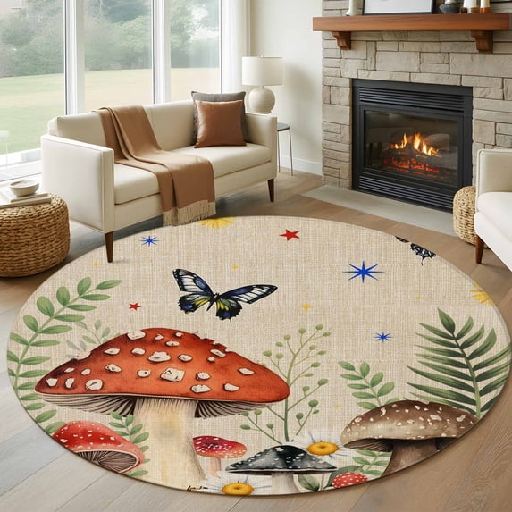 Spring Mushrooms Round Area Rug 8Ft Washable Large Circle Rugs for Living Room Dorm, Farmhouse Pastoral Botanical Rustic Non-Slip Carpet Floor Mats Indoor Outdoor Carpet Runner Aesthetic Home Decor
