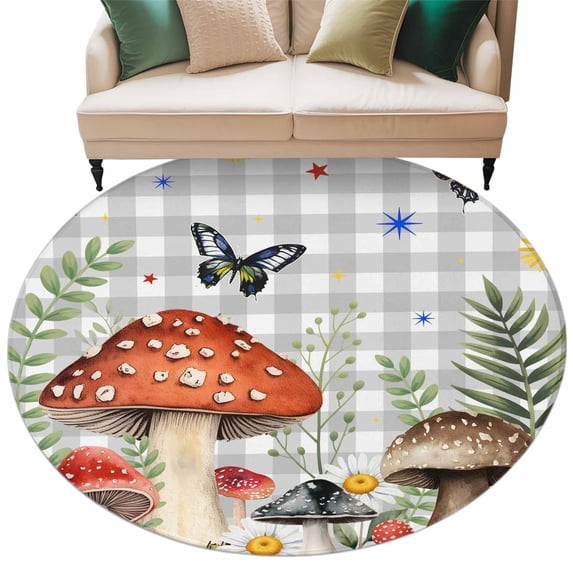 Spring Mushrooms Round Area Rugs Collection 6', Farmhouse Pastoral Botanical Gray Plaid Non Slip Indoor Circular Throw Runner Rug Floor Mat Carpet for Living Room Dining Table Bedroom Nursery