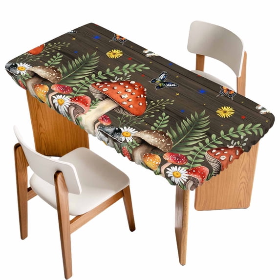 Spring Mushrooms Table Cloths for 5 Foot Rectangle Tables, Farmhouse Pastoral Botanical Brown Wood Patio Waterproof Elastic Fitted Tablecloths, Washable Rectangular Table Cover for Camping