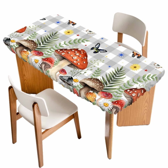 Spring Mushrooms Table Cloths for 5 Foot Rectangle Tables, Farmhouse Pastoral Botanical Gray Plaid Patio Waterproof Elastic Fitted Tablecloths, Washable Rectangular Table Cover for Camping
