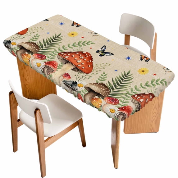 Spring Mushrooms Table Cloths for 5 Foot Rectangle Tables, Farmhouse Pastoral Botanical Rustic Patio Waterproof Elastic Fitted Tablecloths, Washable Rectangular Table Cover for Camping