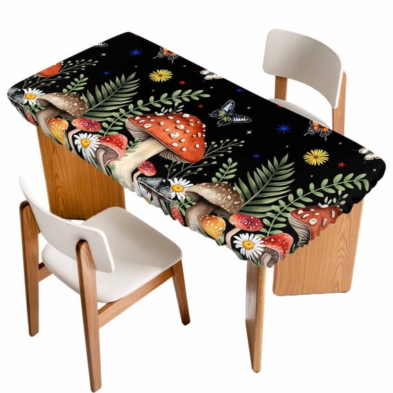 Spring Mushrooms Table Cloths for 6 Foot Rectangle Tables, Farmhouse Pastoral Botanical Stars Rustic Patio Waterproof Elastic Fitted Tablecloths, Washable Rectangular Table Cover for Camping