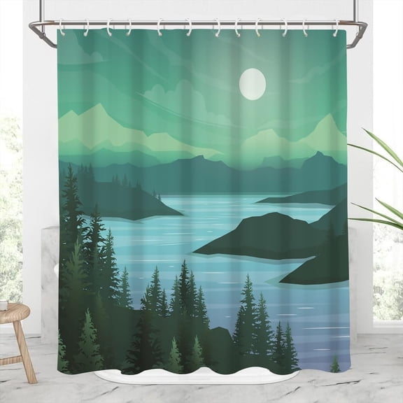 Spring Natural Landscape Shower Curtain Idyllic Forest Gothic Bath Curtain Bathroom Decor Set with Hooks Mountains and Rivers Valley Forest Night Sky Full Moon Scenery Bathtubs Decor,72x72inch