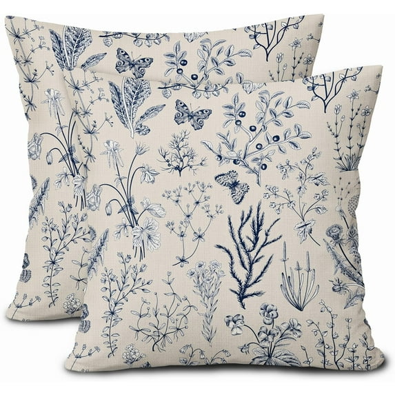 Spring Navy Blue Floral Pillow Covers 18x18 Inch Vintage Wild Flower Herbs Plant Butterfly Decorative Pillow Cases Botanical Farmhouse Cushion Covers Home Decor for Sofa Couch Outdoor Set of 2