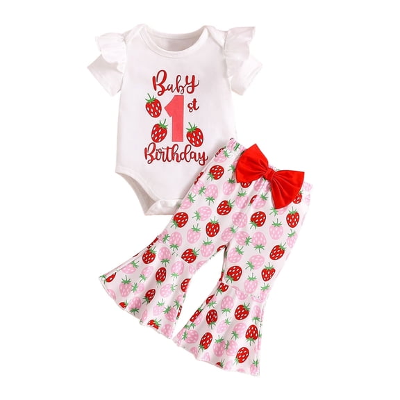 Spring New Baby Girls Short Sleeved Jumpsuit Strawberry Print Red Flared Pants With Hairband Set Girl Casual Outfit