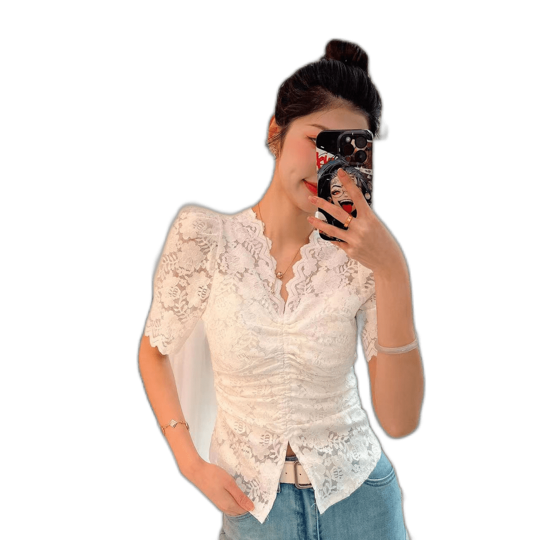 Spring New Design French Hollow Lace Sequin V-Neck Knitted Top White L ...