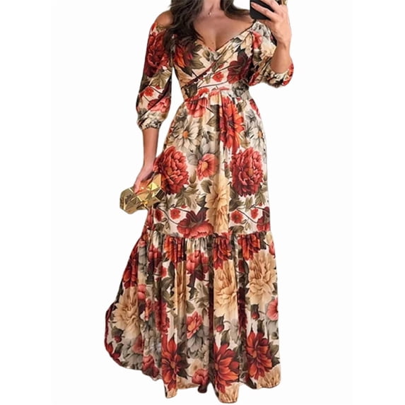 Spring New Elegant and Fashionable Style Printed Lace Up V-Neck Large Swing Dress As Shown S