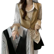 Spring New Fashion Trend Fake Two -Piece Stitching Striped Striped Long -Sleeved Shirt
