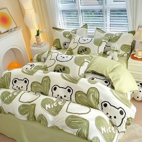 Spring New Green Love Heart & Cute Bear Head Pattern Bedding Set - 4pcs - Cozy Minimalist Design for All Seasons