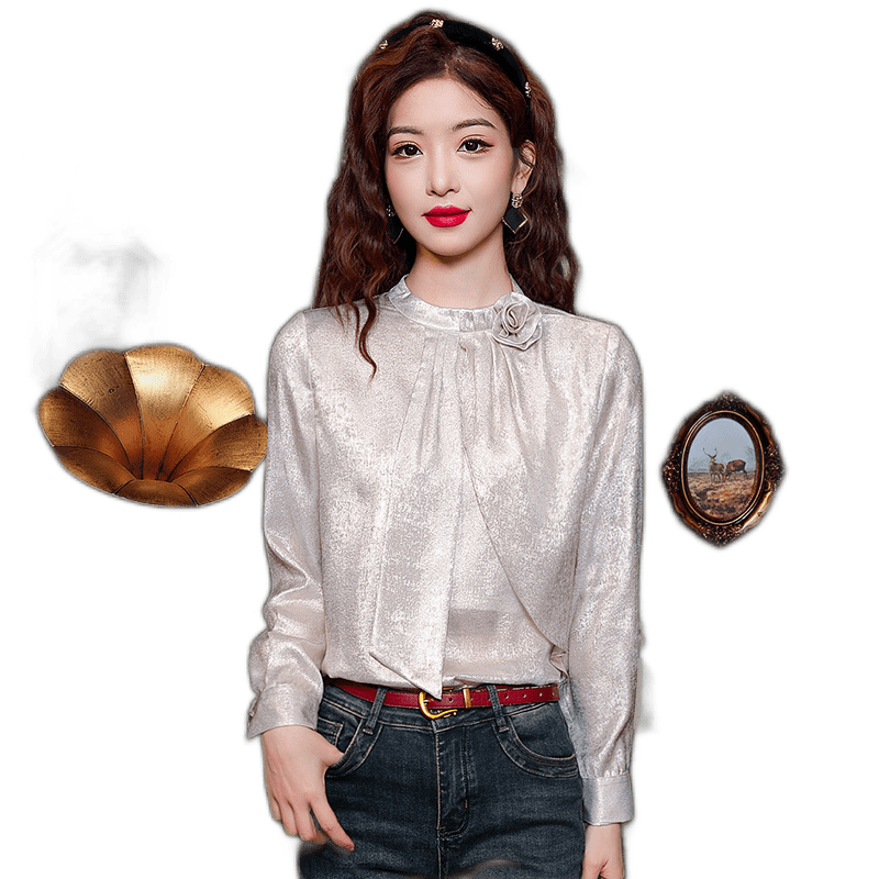 Spring New HalfHigh Collar Shirt Sleeves Commuting Sweet Pullover