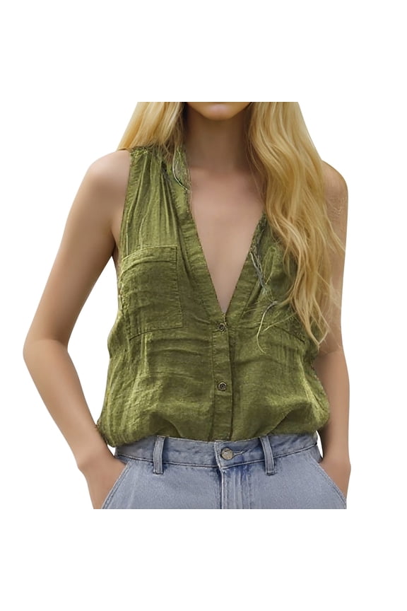 Spring New Women's Casual Loose Linen Solid Color V Neck Pocket Vest Shirt