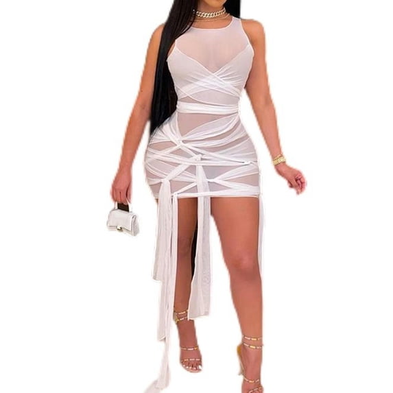 Spring New Women's Fashion Mesh Sexy Backless Slim Fit Hip Dress-White-S