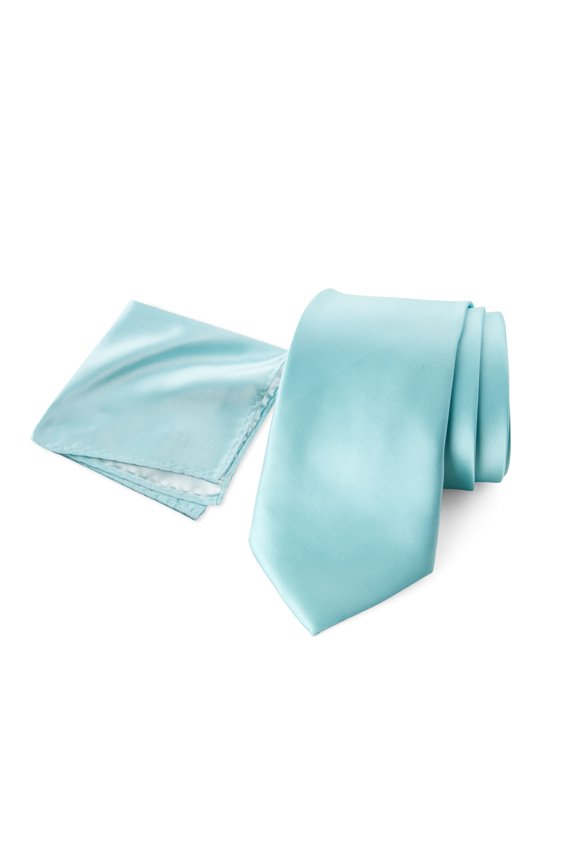 Men's Satin Microfiber Solid Color Skinny Tie and Handkerchief Set, Aqua