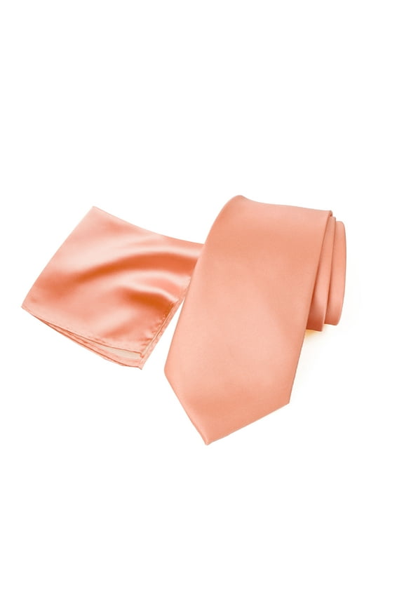 Men's Satin Microfiber Solid Color Skinny Tie and Handkerchief Set, Peach