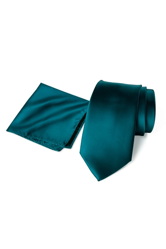 Men's Satin Microfiber Solid Color Skinny Tie and Handkerchief Set, Teal