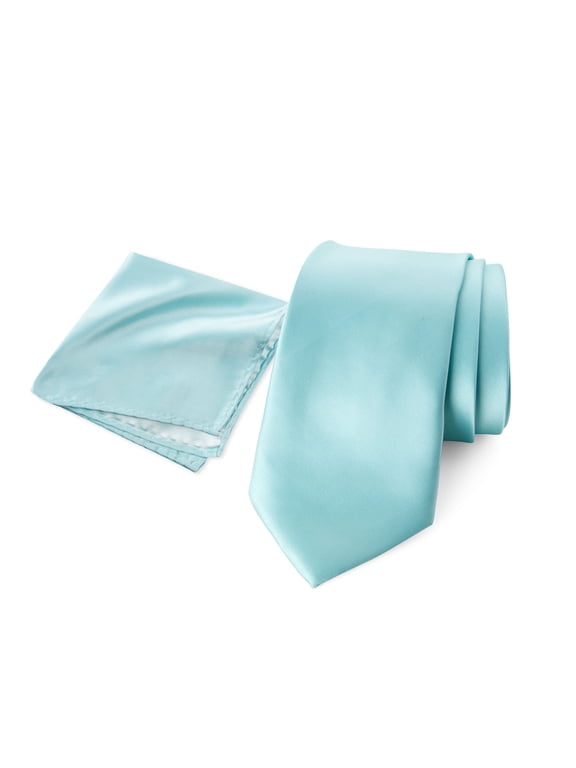 Men's Satin Microfiber Solid Color Tie and Handkerchief Set, Aqua