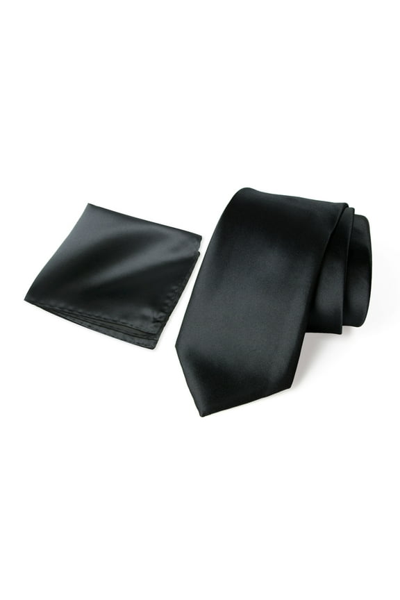Men's Satin Microfiber Solid Color Tie and Handkerchief Set, Black