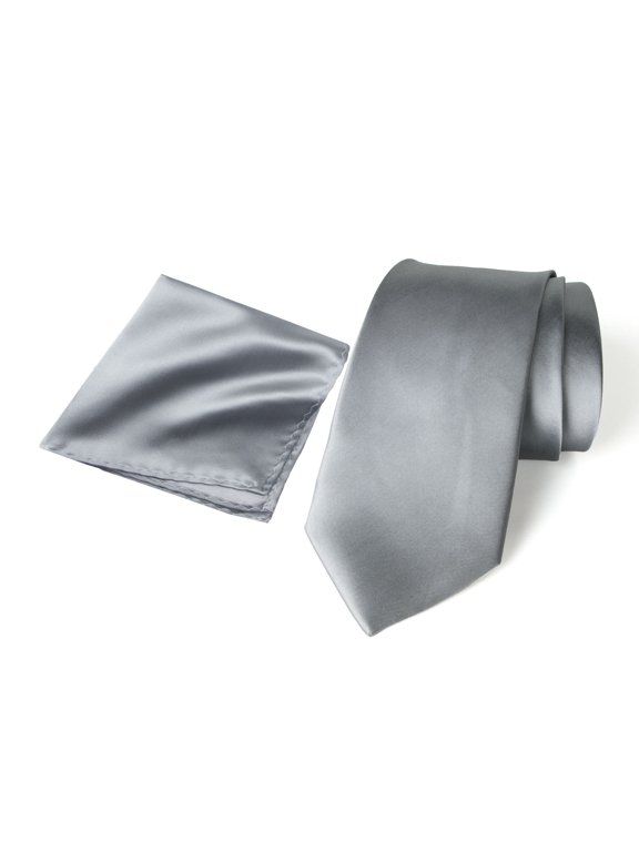 Men's Satin Microfiber Solid Color Tie and Handkerchief Set, Medium Grey