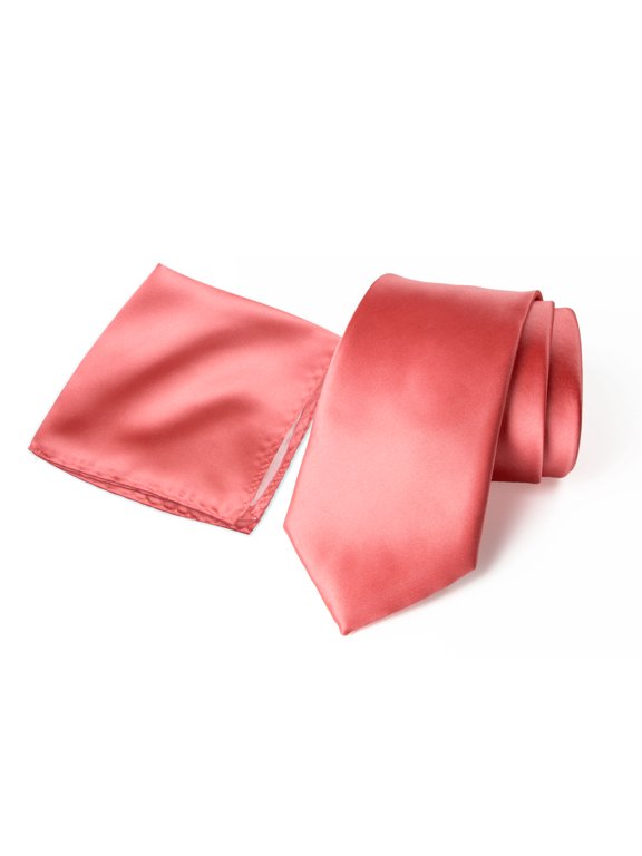 Men's Satin Microfiber Solid Color Tie and Handkerchief Set, Melon