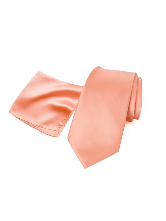 Men's Satin Microfiber Solid Color Tie and Handkerchief Set, Peach