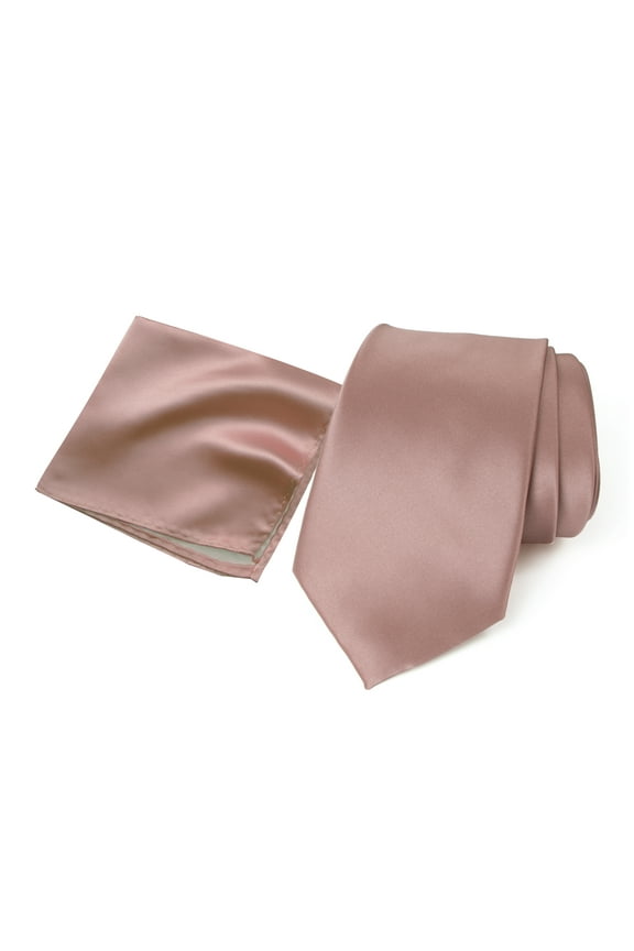 Men's Satin Microfiber Solid Color Tie and Handkerchief Set, Pink Copper