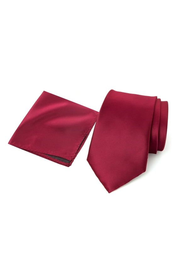 Men's Satin Microfiber Solid Color Tie and Handkerchief Set, Red