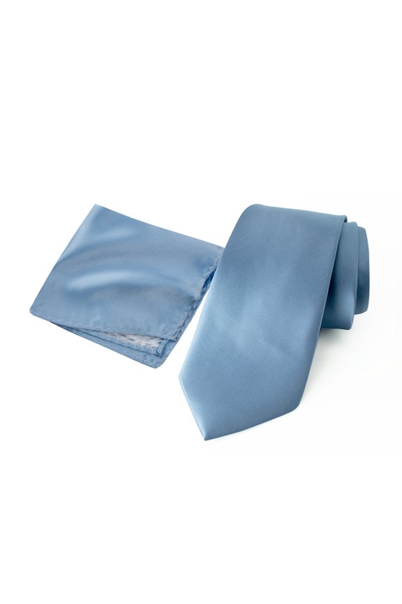 Men's Satin Microfiber Solid Color Tie and Handkerchief Set, Steel Blue