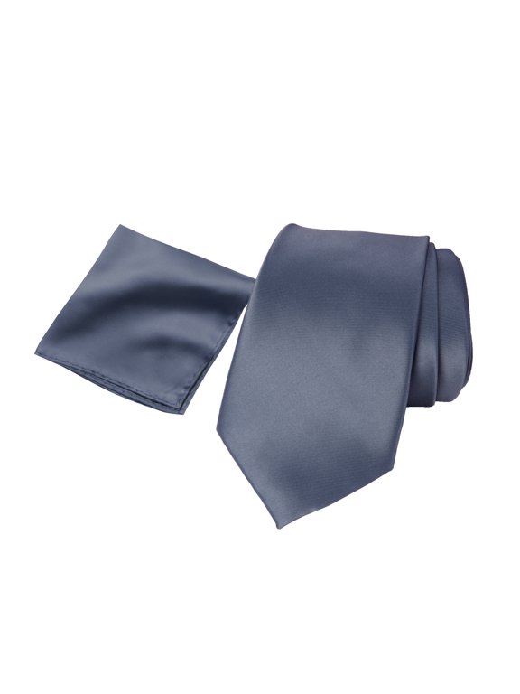 Men's Satin Microfiber Solid Color Tie and Handkerchief Set, Stormy Blue