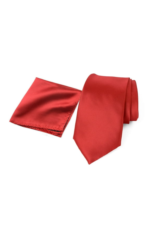 Men's Satin Microfiber Solid Color Tie and Handkerchief Set, True Red