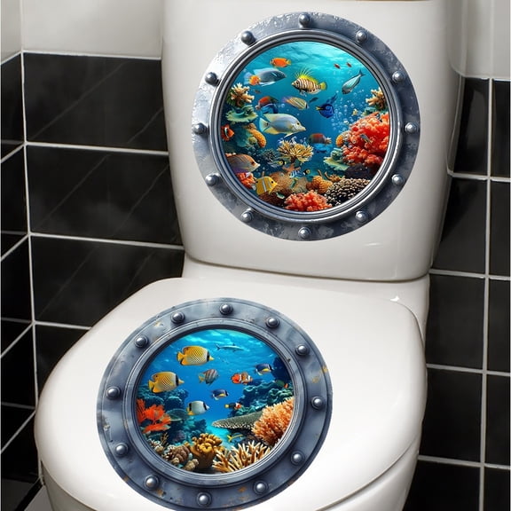 Spring Oceanic Bathroom Decor Sticker with Illustrated Coral Reefs and Cartoon Fish for Tile Glass or Metal Walls PVC Backing