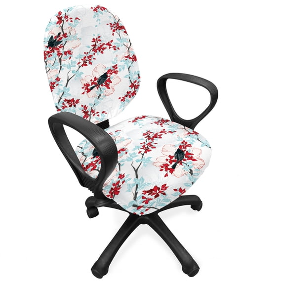 Spring Office Chair Slipcover, Vintage Chinese Shabby Form Tree with Hummingbirds Flower Leaf Branch Image, Stretch Decorative Fabric Cover, Standard Size, Pale Blue Red White, by Ambesonne