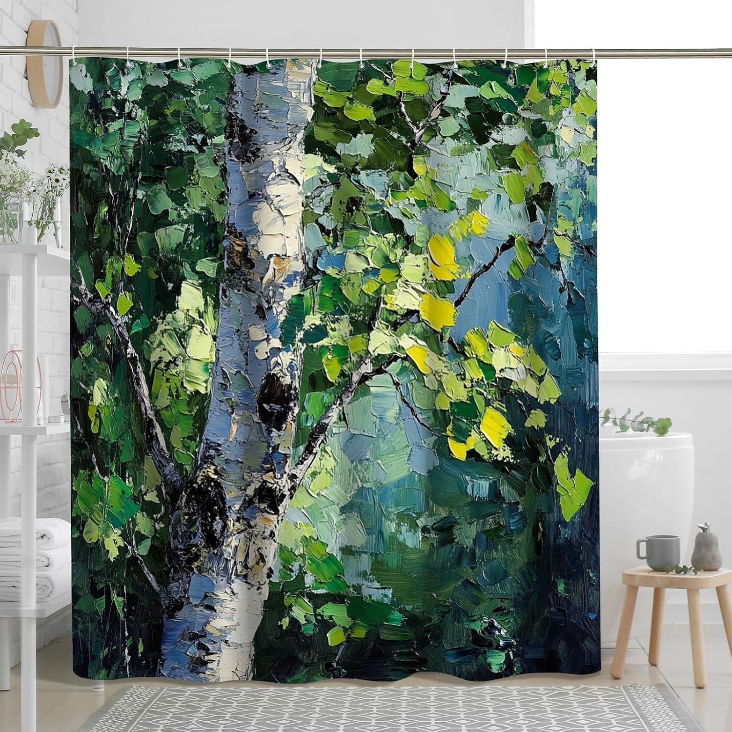 Spring Oil Painting Aspen Tree Shower Curtain, Nature Landscape Plant ...