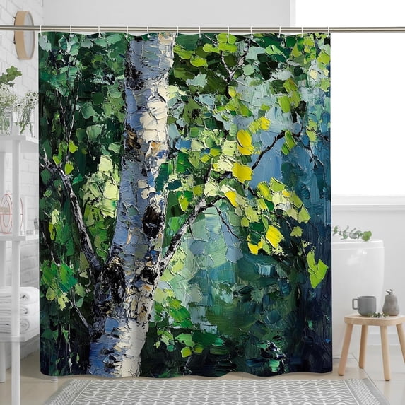 Oil Paint Spring Spring Oil Painting Aspen Tree Shower Curtain, Nature Landscape Plant ...