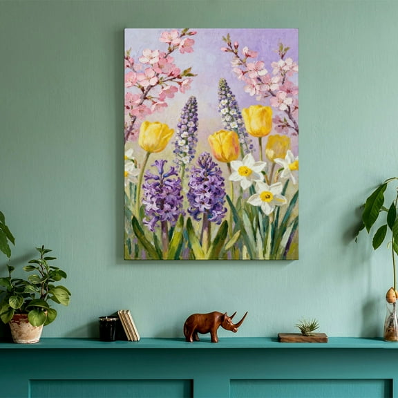 Spring Oil Painting Style Tulip Hyacinth Cherry Blossom Floral Printed Canvas Wall Art (Hidden Wooden Frame) - Spring Decor for Bedroom, Living Room & Foyer
