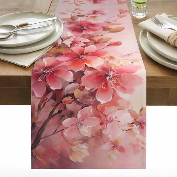 Spring Oil Table Runner 13x36 inch Painting Texture Poinsettia Flowers Cotton Linen Dining Table Runner Ideal for Dresser Kitchen Coffee Tables - Machine Washable