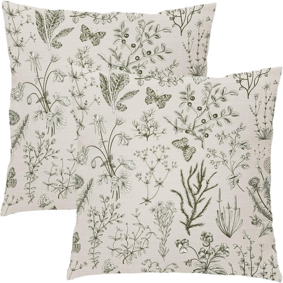 Spring Olive Green Floral Pillow Covers 18x18 Inch Vintage Wild Flower Herbs Plant Butterfly Decorative Pillow Cases Botanical Farmhouse Cushion Covers Home Decor For Sofa Couch Outdoor Set of 2