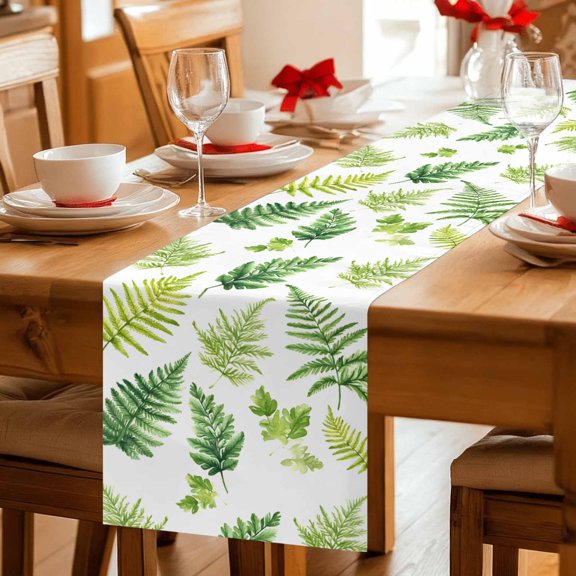 Spring Ombre Green Stony Fern Table Runner 36 Inches Long,Kitchen Dining Tablerunners Countryside Greenery Leaves Linen Table Runners Dresser Scarves for Home Dinner Wedding Holiday Party Decor