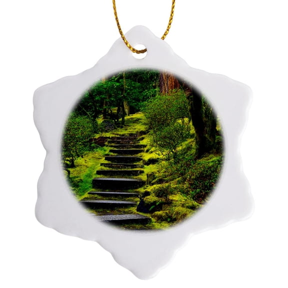 3drose, Spring on Steps of Portland Japanese Garden, Portland, Oregon, Usa, 3 inch Snowflake Porcelain Ornament