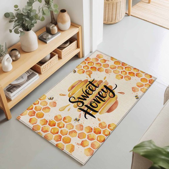 Spring Orange Bee Nests on Vintage Linen Rectangle Rug 2'x3' Sweet Honey Washable Area Rugs for Living Room Bedroom Entryway Non Slip Entrance Door Mat Indoor Floor Carpet