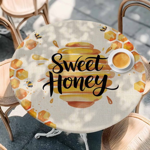 Spring Orange Bee Nests on Vintage Linen Round Fitted Tablecloth with Elastic Edge,Waterproof Table Cloth Fits Tables Up to 55"-60",Wipeable Washable Table Cover for Dinning Party,Sweet Honey