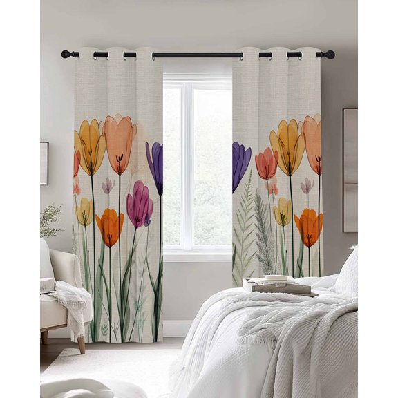 Spring Orange Blackout Curtains 2 Panels Purple Pink X-ray Floral Flower Leaf Beige Thermal Insulated Grommet Window Curtains for Bedroom Living Room 27.5"x39"